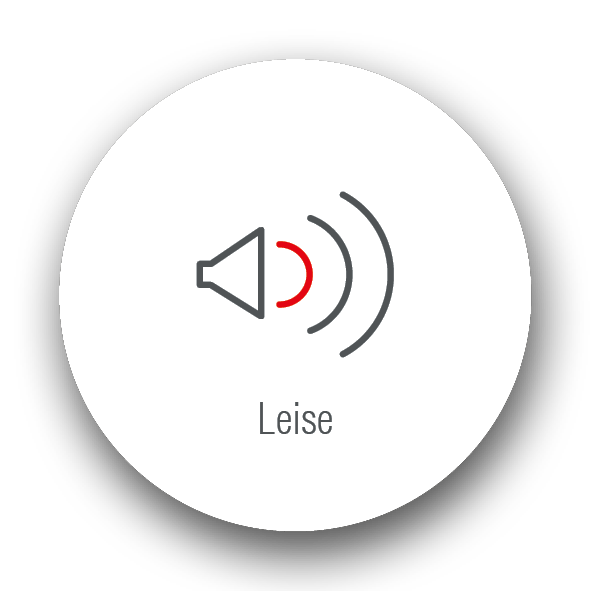 Ein grauer Lautsprecher mit roten und grauen Schallwellen, darunter steht „Leise“.
