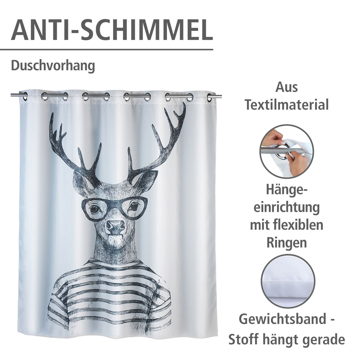 Wenko  Anti-Schimmel Duschvorhang Mr Deer Flex Textil Polyester 180 x 200 cm waschbar Bild 2
