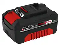 Ein schwarzer, rot-akzentuierter Akku liegt auf einer weißen Fläche.