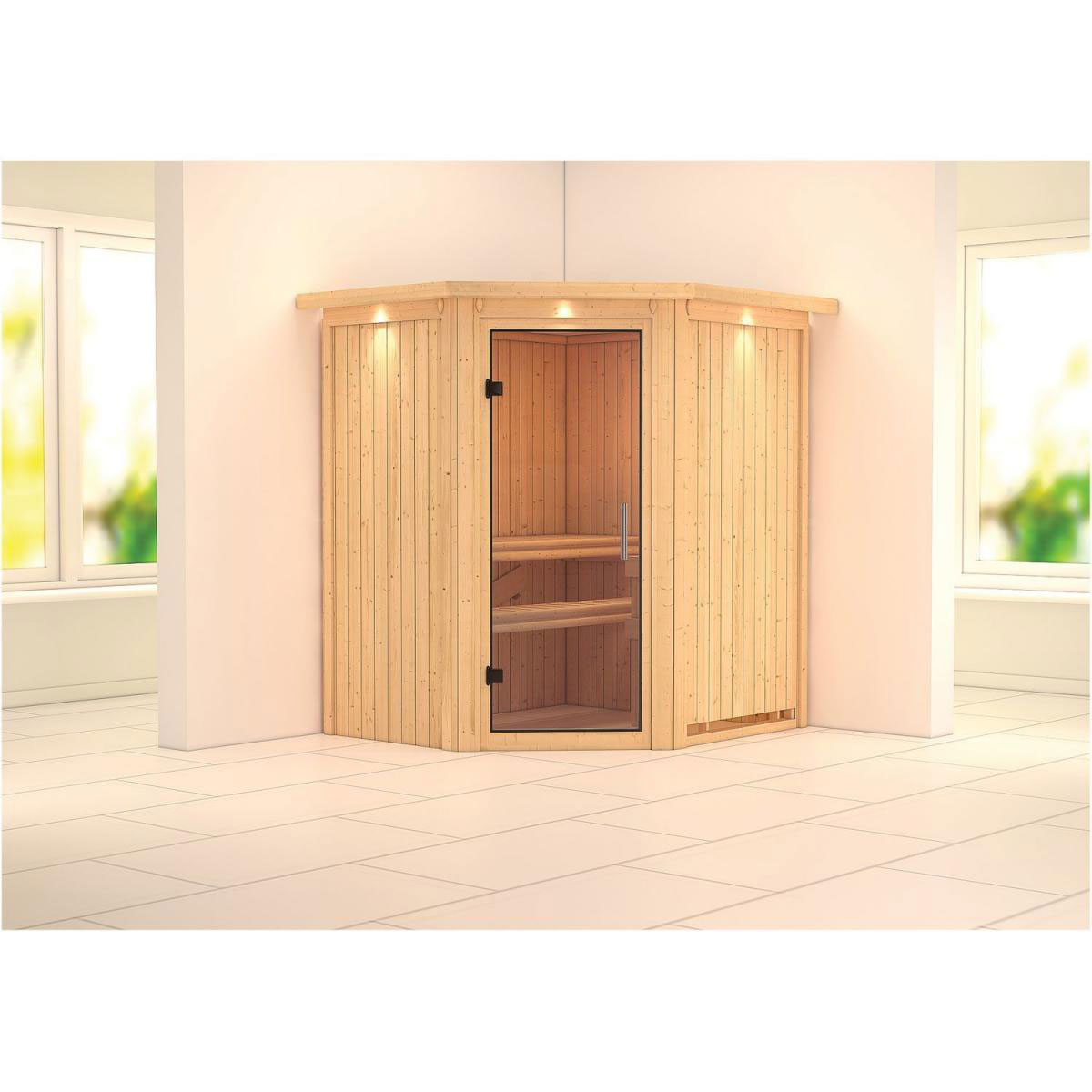 Karibu Sauna Tonja Eckeinstieg ohne Ofen mit Kranz Klarglas-Tür Bild 5