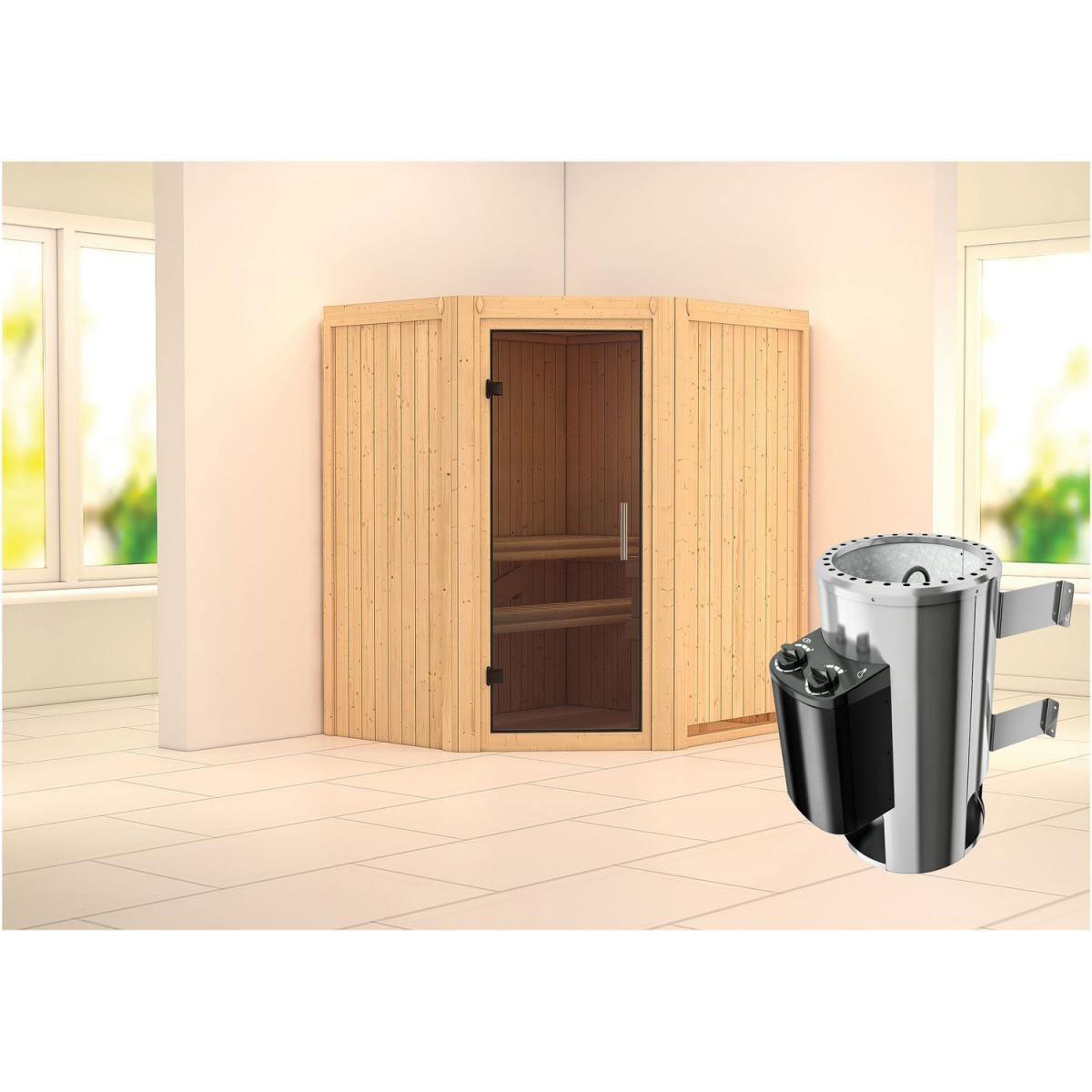 Karibu Sauna Tonja Eckeinstieg 3,6 kW Ofen integr Strg kein Kranz Energiespartür Bild 5