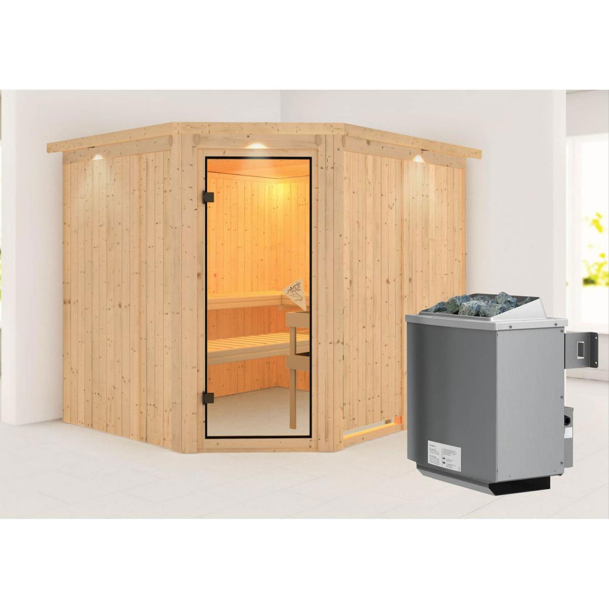 Karibu Systemsauna Malin 68 mm 9 kW Ofen integr Strg inkl Dachkranz Bild 1