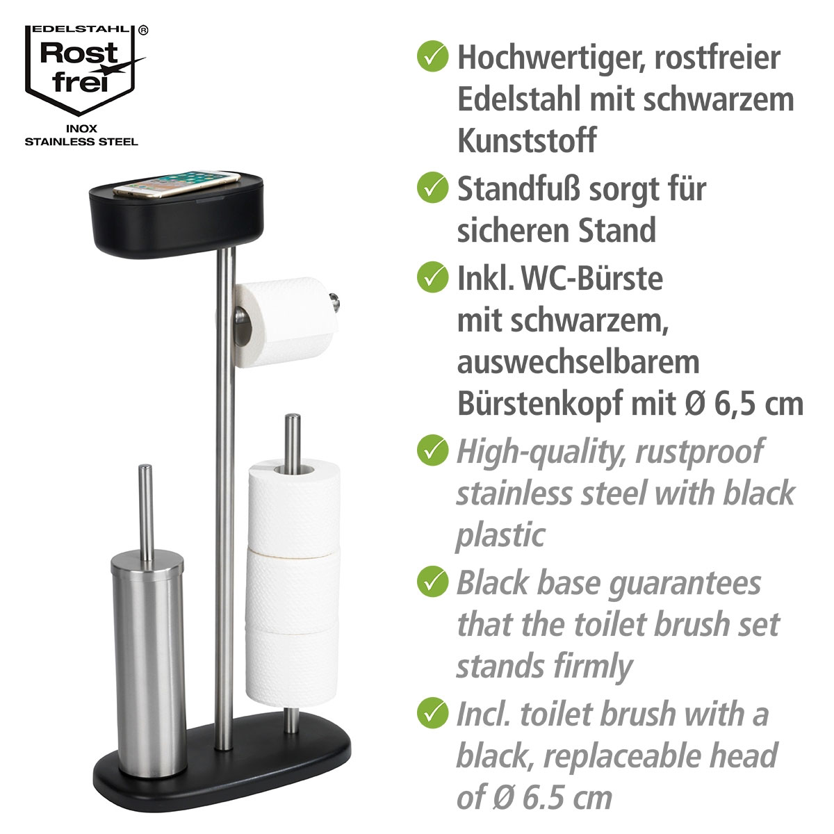Wenko  Stand WC-Garnitur mit Box Rivazza Schwarz integrierter Toilettenpapierhalter Ersatzrollenhalter und WC-Bürstenhalter mit Ablagebox Bild 3