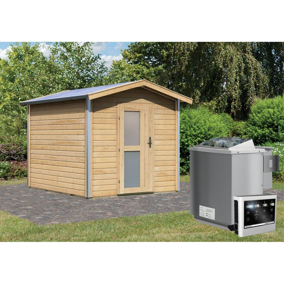 Karibu Saunahaus Bosse 1 38 mm 9 kW Bio Ofen externe Strg Milchglastür Bild 6