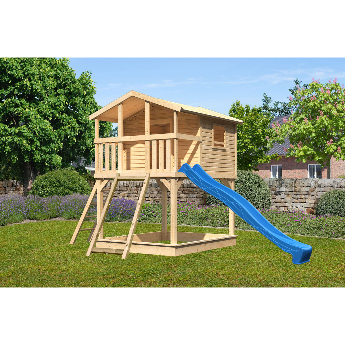 Karibu  Stelzenhaus Benjamin natur inkl Rutsche blau und Netzrampe