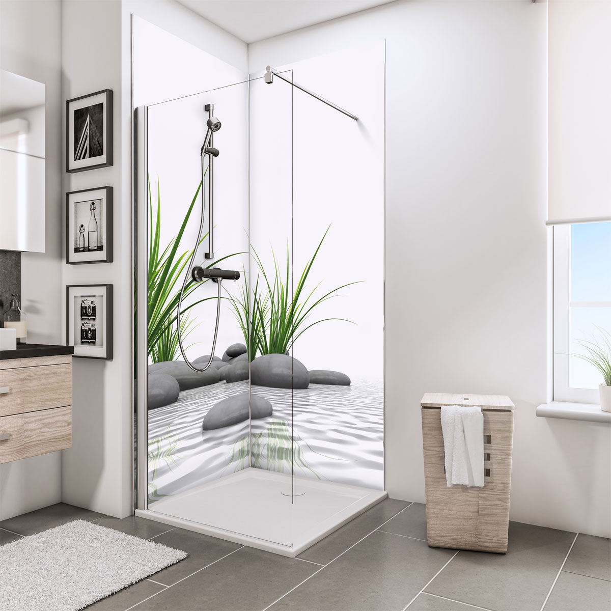 Schulte ExpressPlus Duschrueckwand DecoDesign Foto ue Eck Zen Steine u Gras 2100 x 900 Bild 1