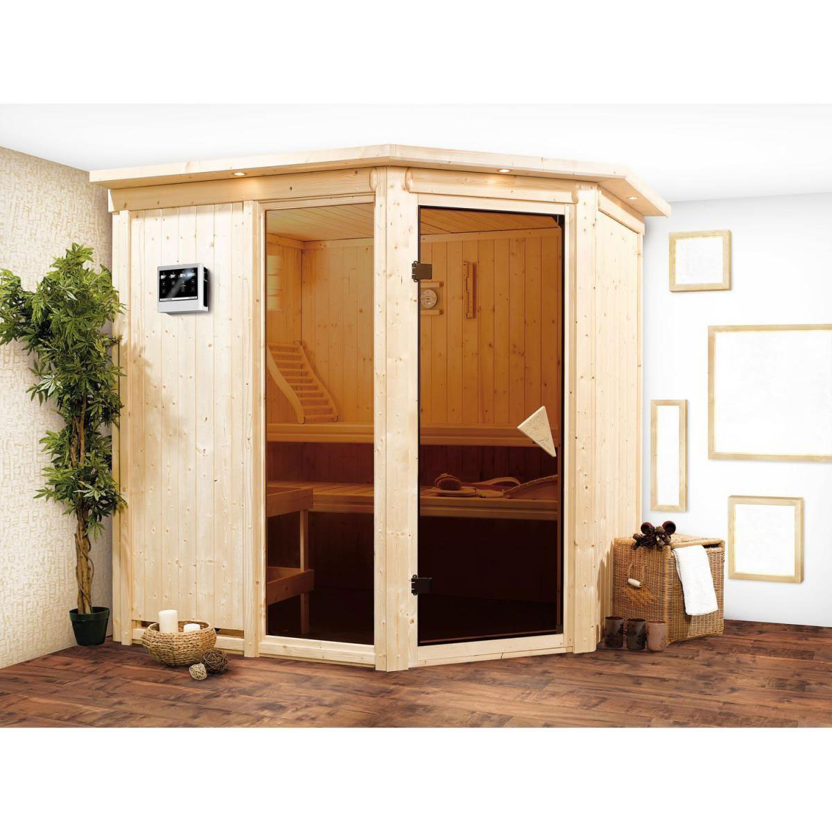 Karibu Systemsauna Fiona 2 68 mm 9 kW Ofen externe Strg modern mit Dachkranz Bild 5
