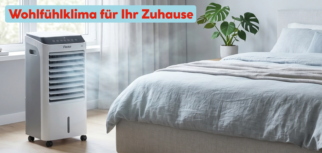 Mobiles Klimagerät kühlt ein modernes Schlafzimmer