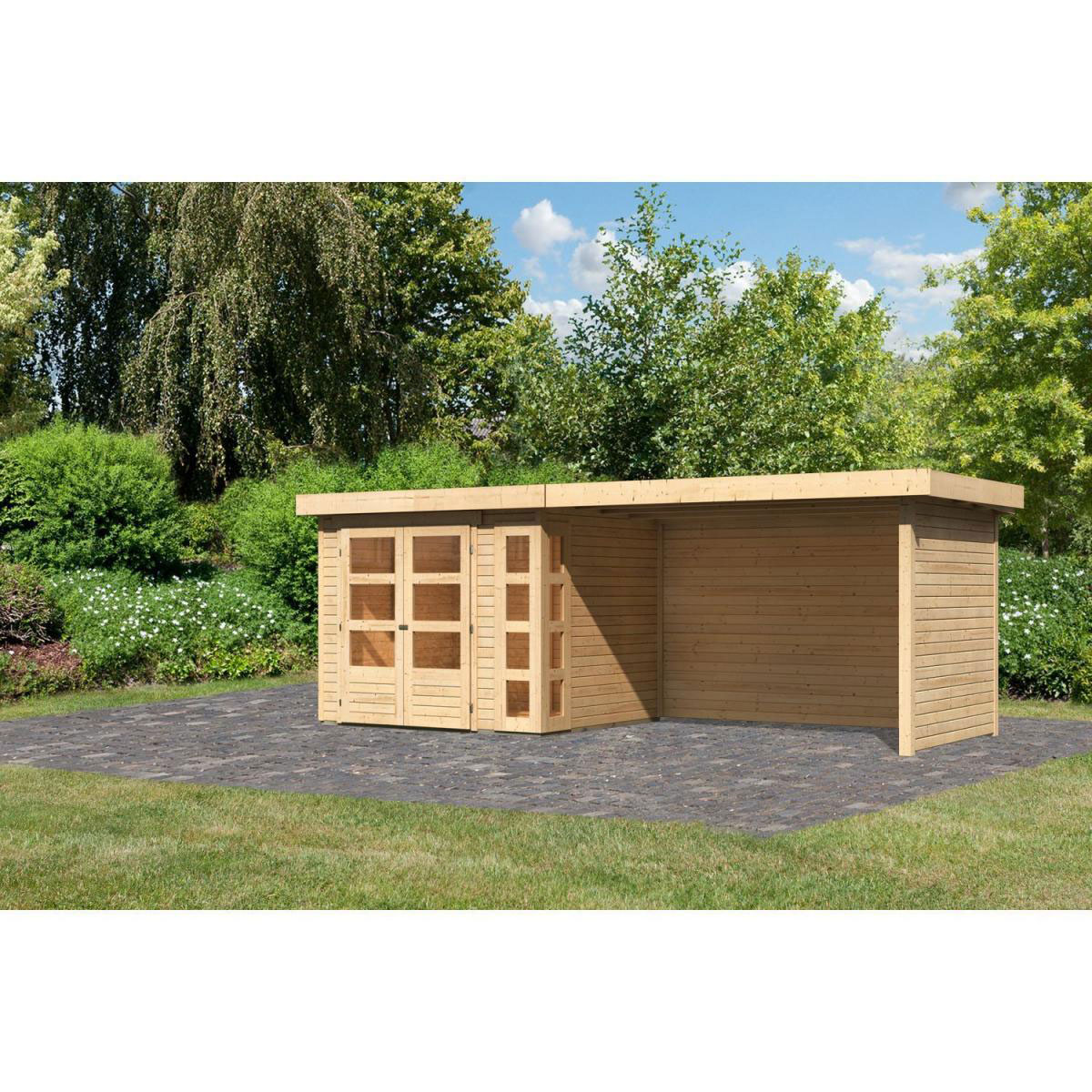 Karibu Gartenhaus-Set Kerko 3 mit Anbaudach 2,8 m mit Seiten- und Rückwand naturbelassen Bild 1