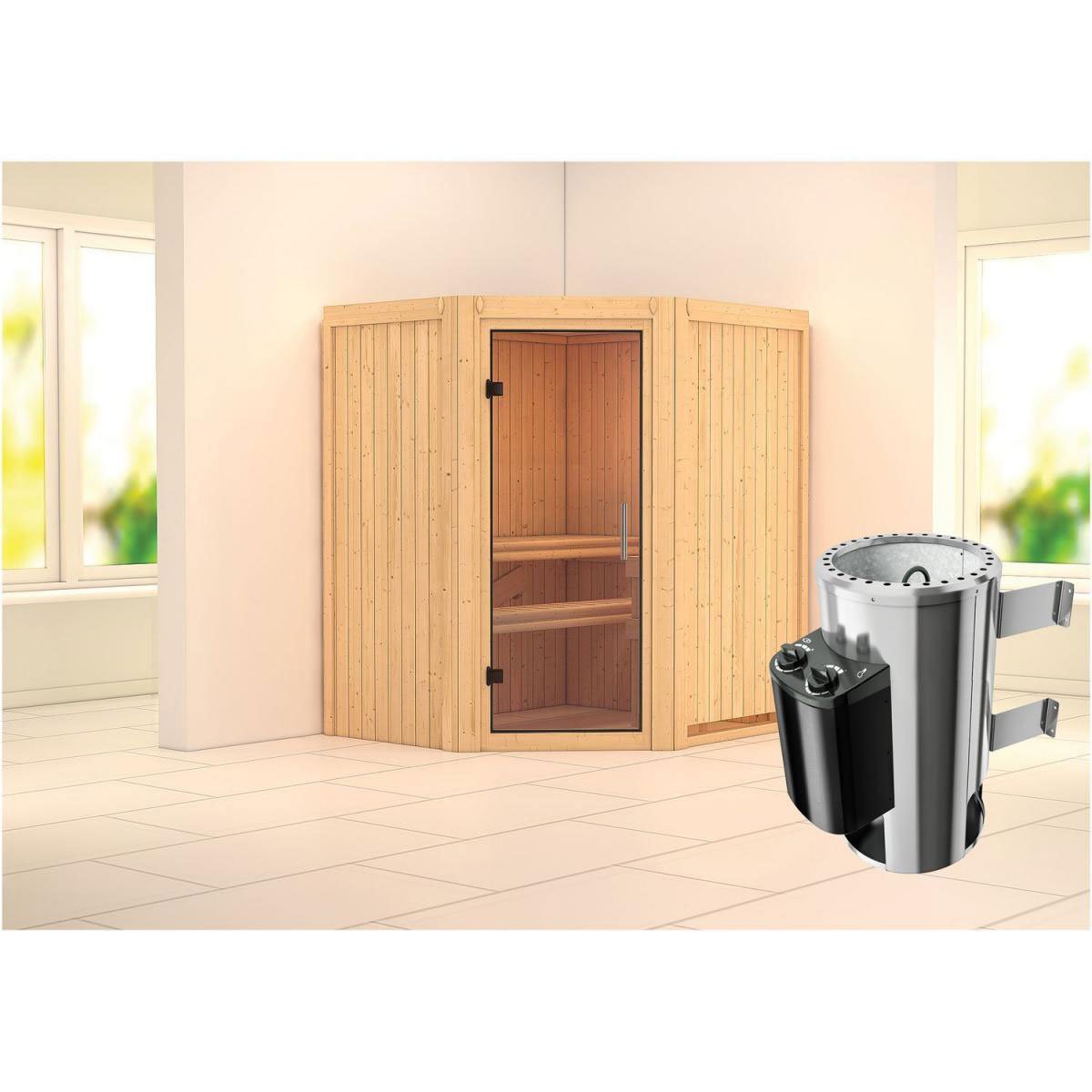 Karibu Sauna Tonja Eckeinstieg 3,6 kW Ofen integr Strg kein Kranz Klarglas-Tür Bild 4