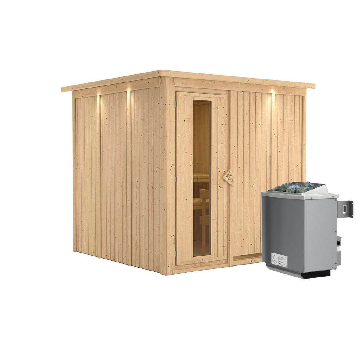 Karibu Sauna Rodin Fronteinstieg 9 kW Ofen integr Strg Tür gedämmt mit Kranz Bild 2