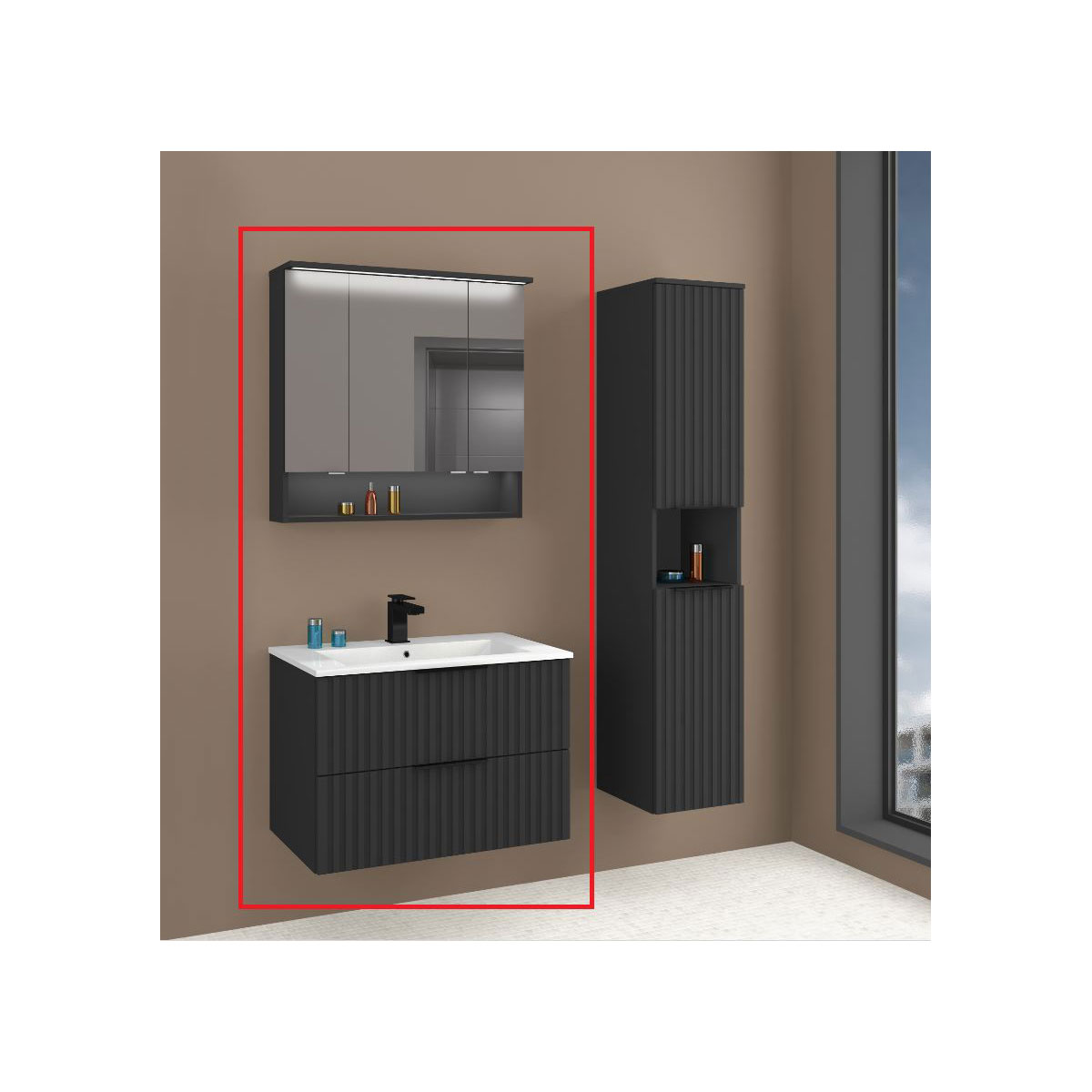 Badmöbel-Set „Amy 80“, 80cm, schwarz, Soft-Close, LED-Beleuchtung, ohne Hochschrank