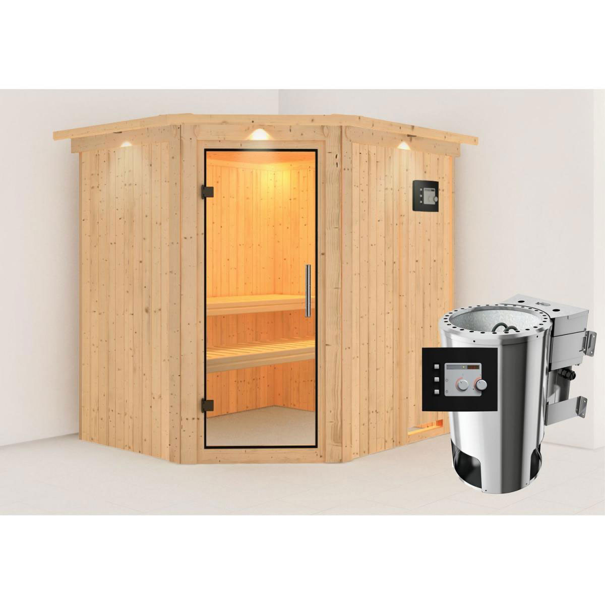 Karibu Sauna Lilja Eckeinstieg 3,6 kW Bio Ofen externe Strg modern mit Kranz Klarglas-Tür Bild 7