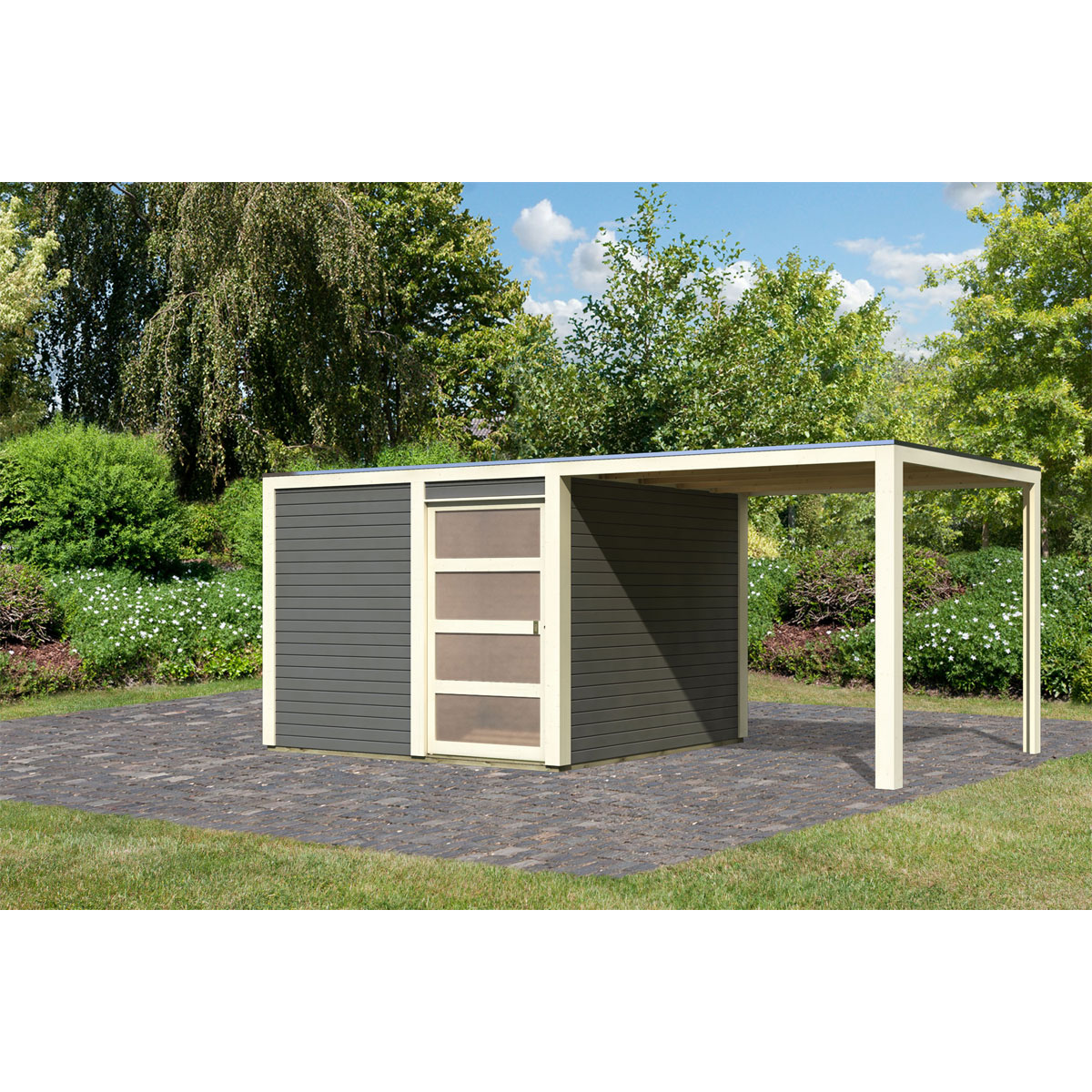 Karibu Gartenhaus Qubic 2 mit Anbaudach terragrau Bild 1