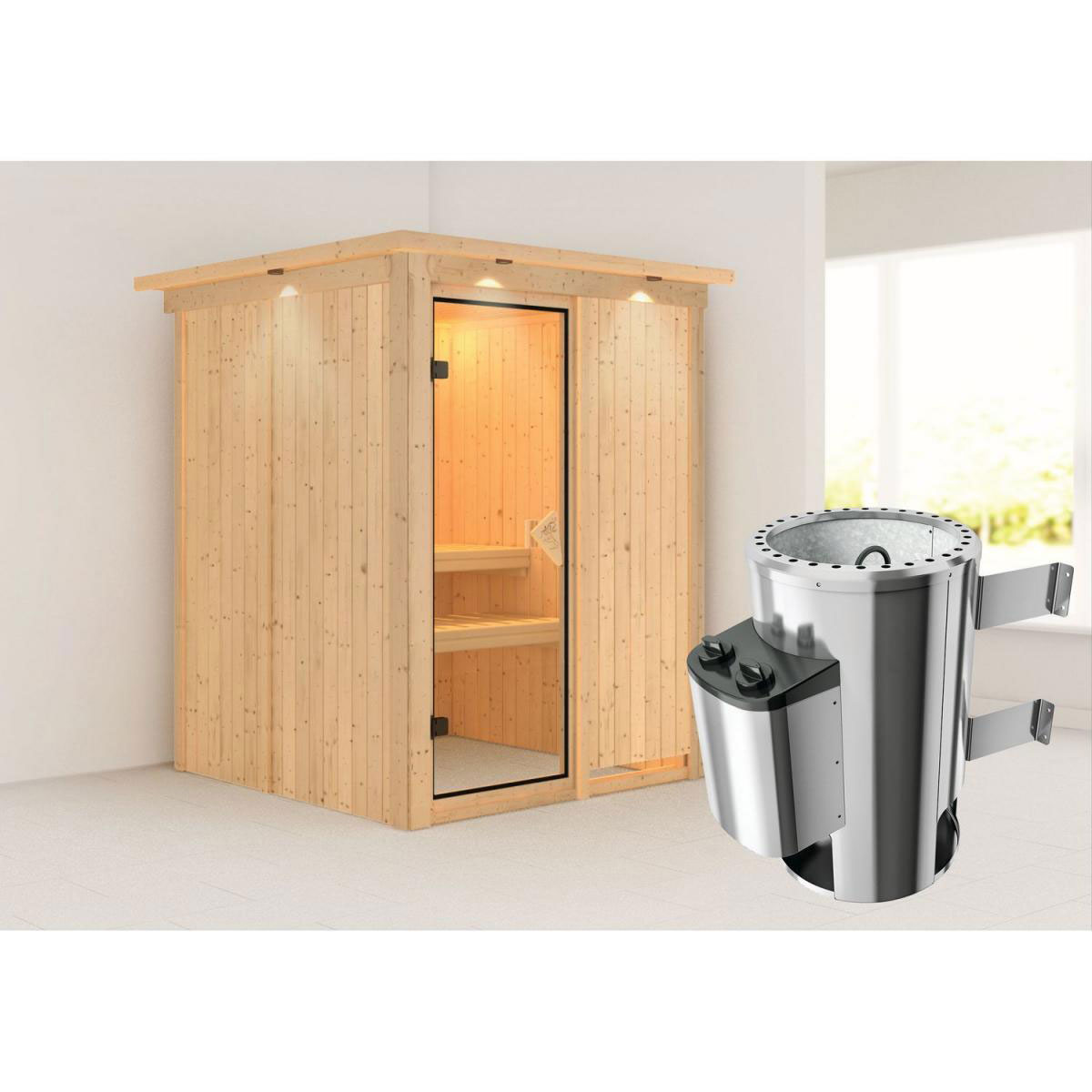 Karibu Systemsauna Minja 68 mm 3,6 kW Ofen integr Strg mit Kranz Bild 1