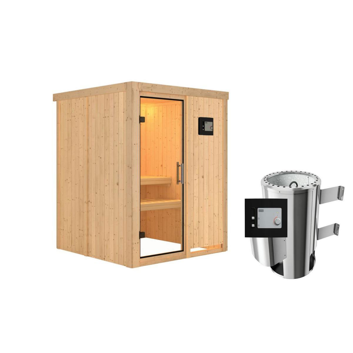 Karibu Sauna Minja Fronteinstieg 3,6 kW Ofen externe Strg kein Kranz Klarglas-Tür Bild 1