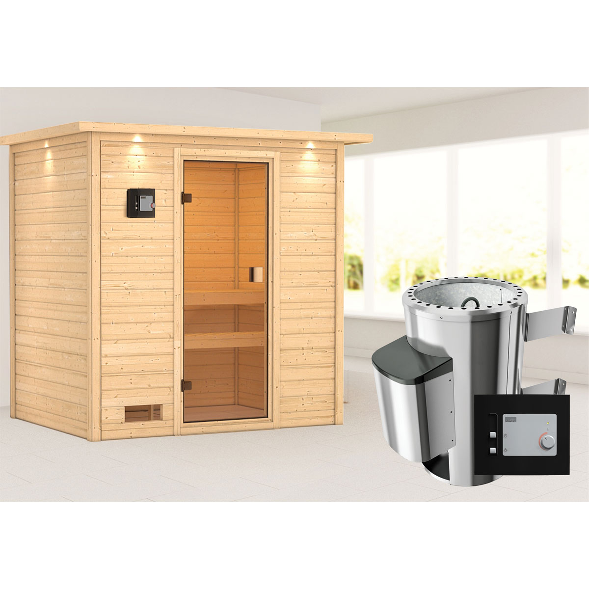 Karibu Sauna Selena 3,6 kW mit Kranz naturbelassen externe Steuerung Bild 1