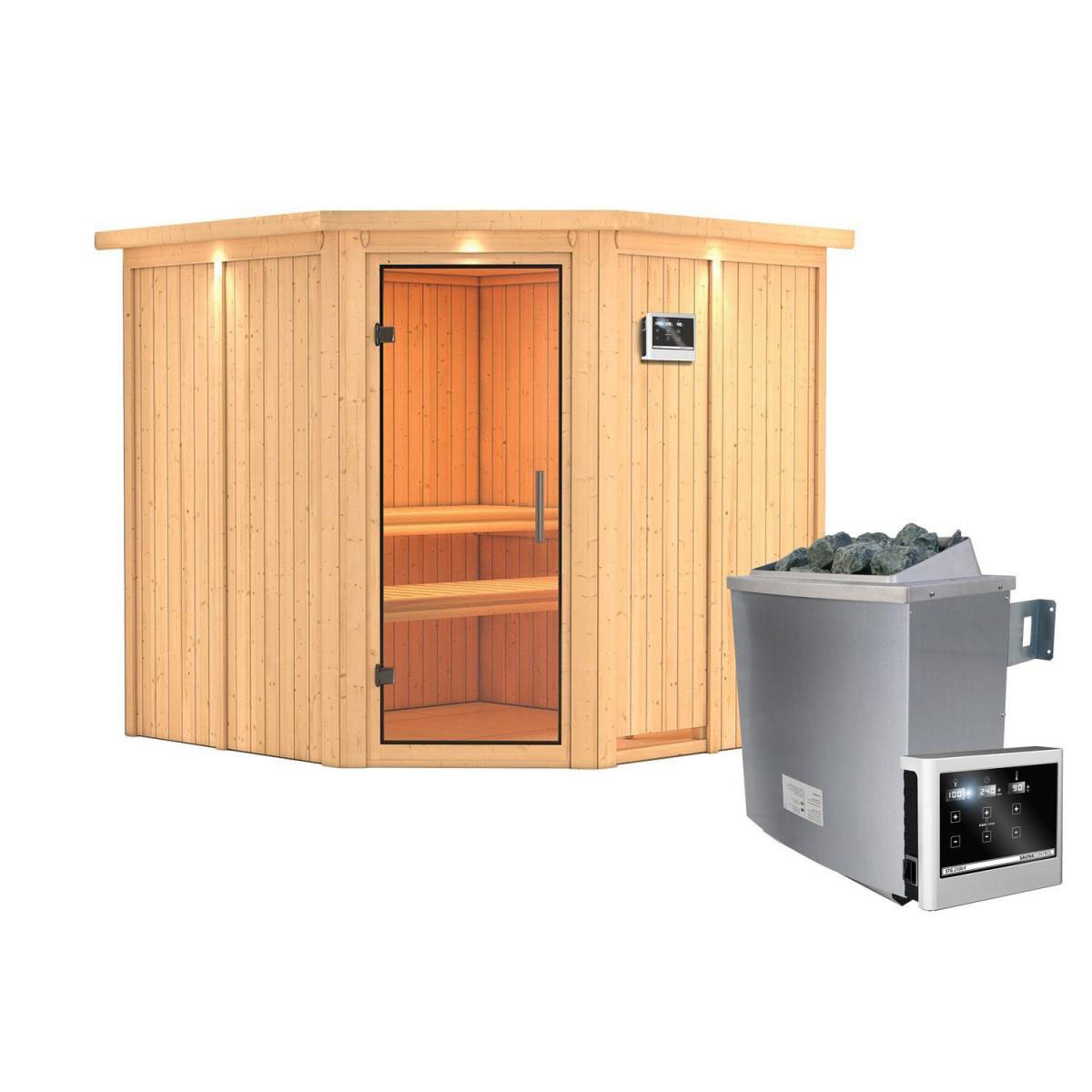 Karibu Sauna Jarin Eckeinstieg 9 kW Ofen externe Strg mit Kranz Klarglas-Tür Bild 1