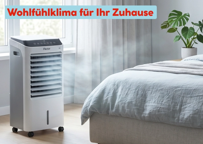 Mobiles Klimagerät kühlt ein modernes Schlafzimmer