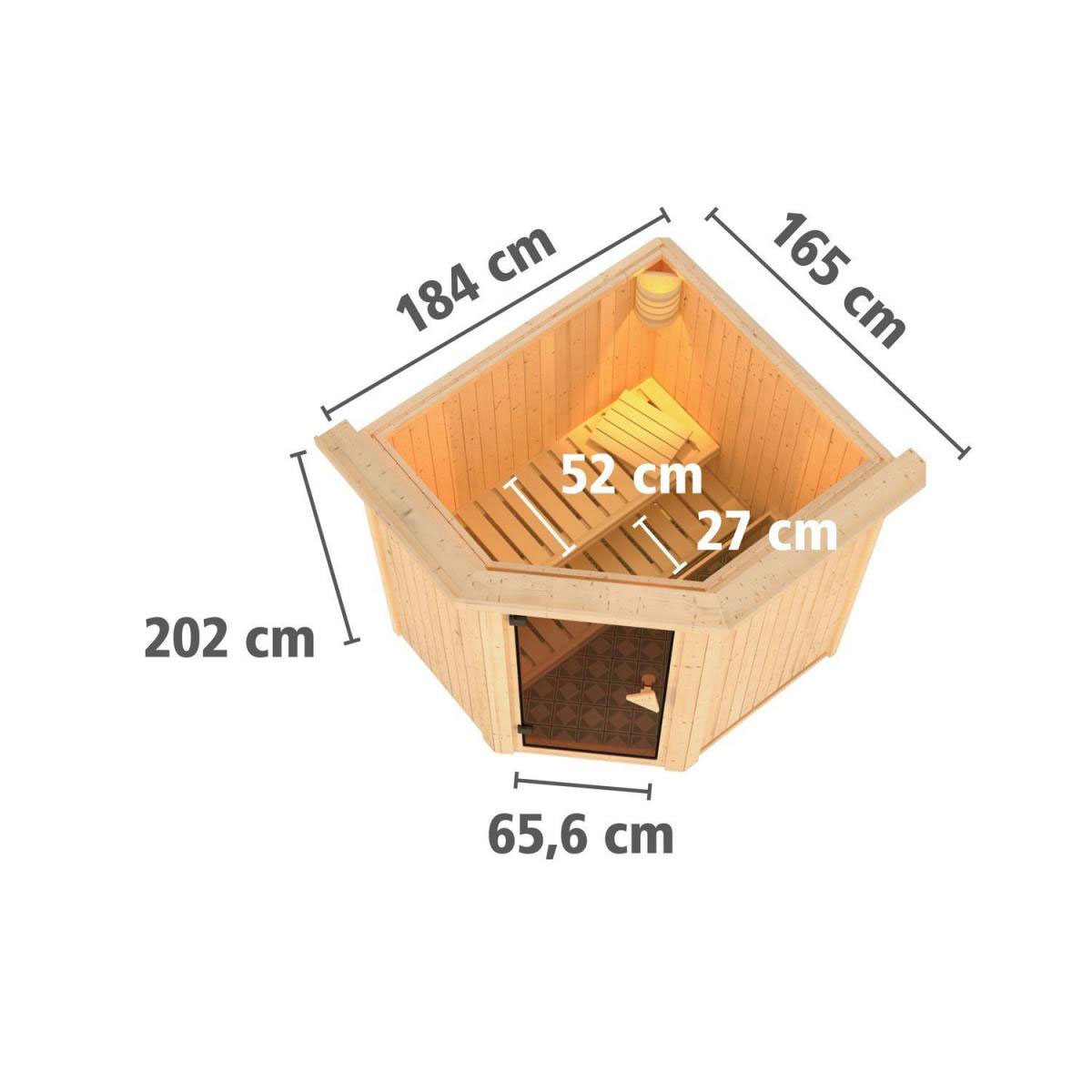 Karibu Sauna Tonja Eckeinstieg 3,6 kW Ofen externe Strg modern mit Kranz graphitfarbene Glastür Bild 12
