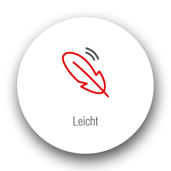 Eine rote Feder schwebt in einem Kreis, darunter steht das Wort "Leicht".