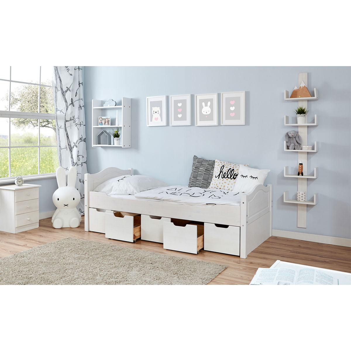 Ticaa Einzelbett Leni Kiefer weiß mit 5er Schubkästen 100 x 200 cm Bild 2