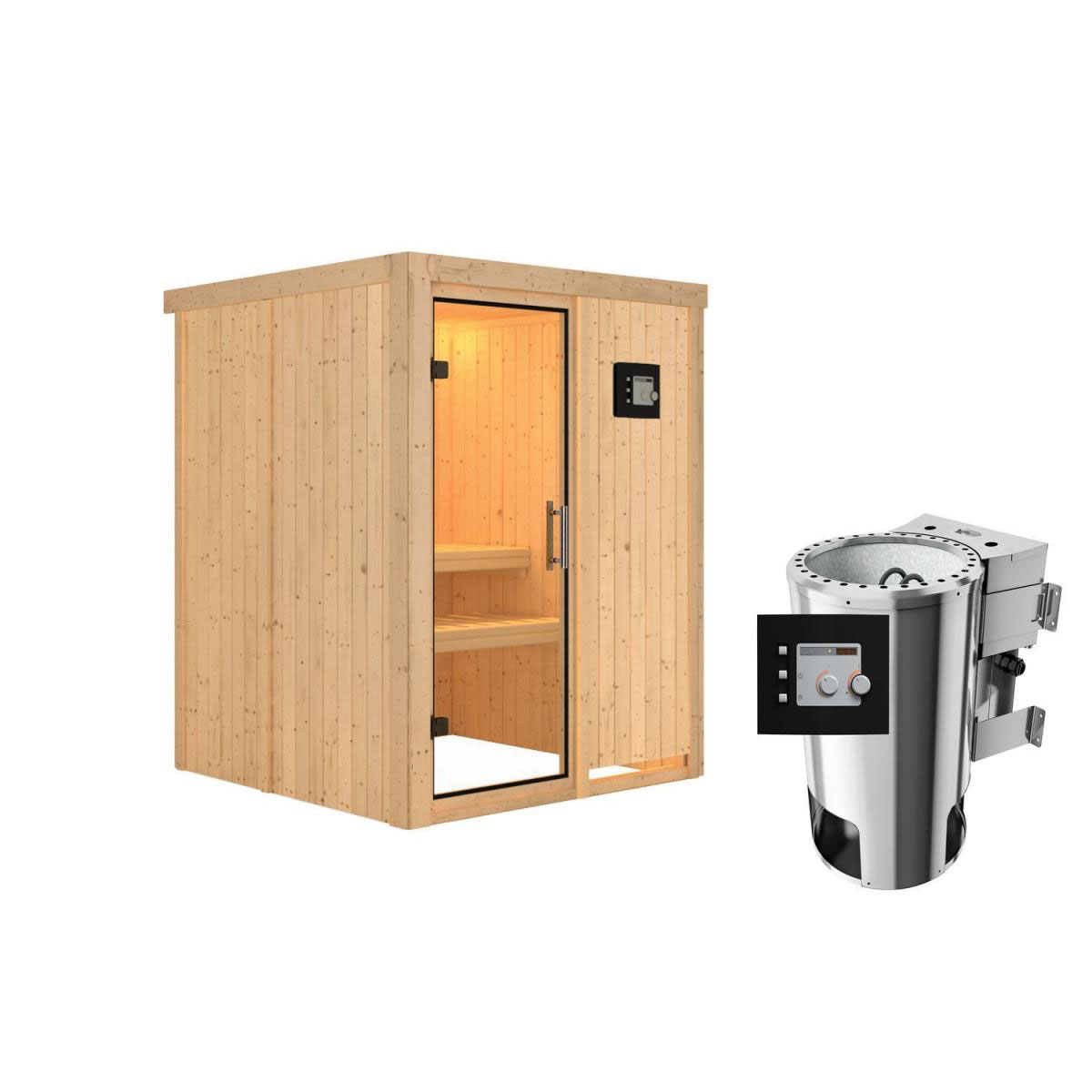 Karibu Sauna Minja Fronteinstieg 3,6 kW Bio Ofen kein Kranz Klarglas-Tür Bild 1