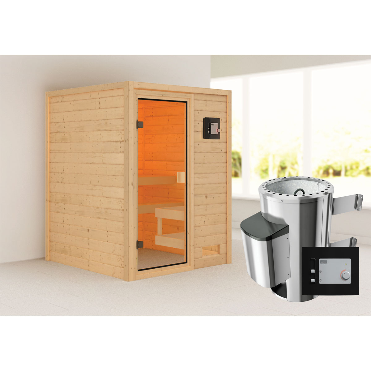 Karibu Sauna Sandra 3,6 kW naturbelassen externe Steuerung ohne Kranz Bild 1