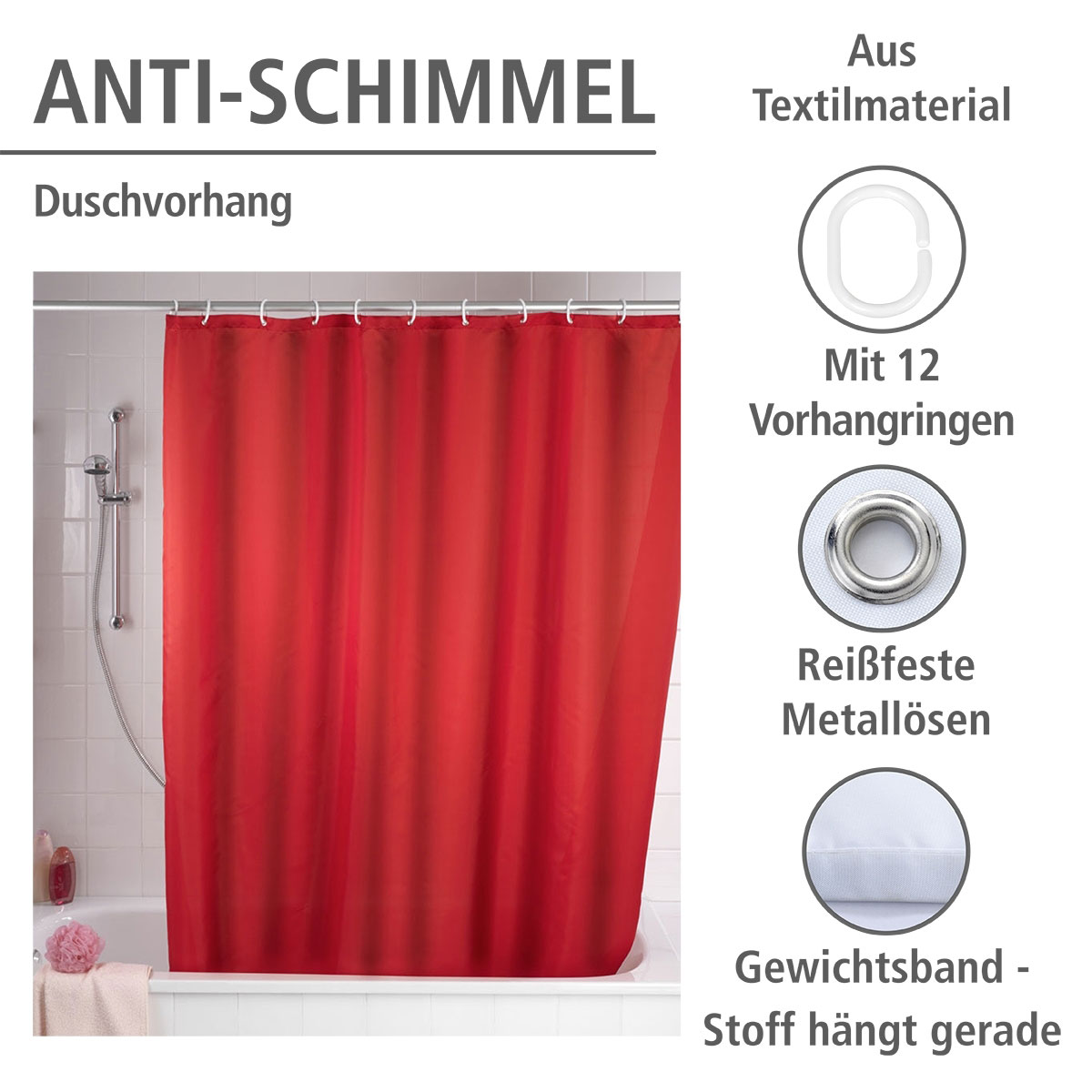 Wenko  Anti-Schimmel Duschvorhang Uni Red Textil Polyester 180 x 200 cm waschbar Bild 2