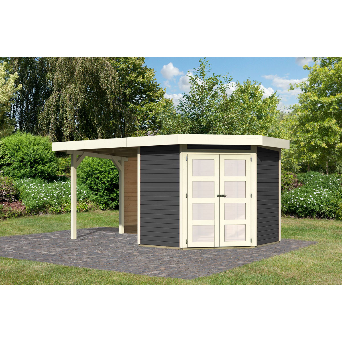 Karibu  Gartenhaus Goldendorf 3 terragrau mit Anbaudach und Rückwand Bild 1