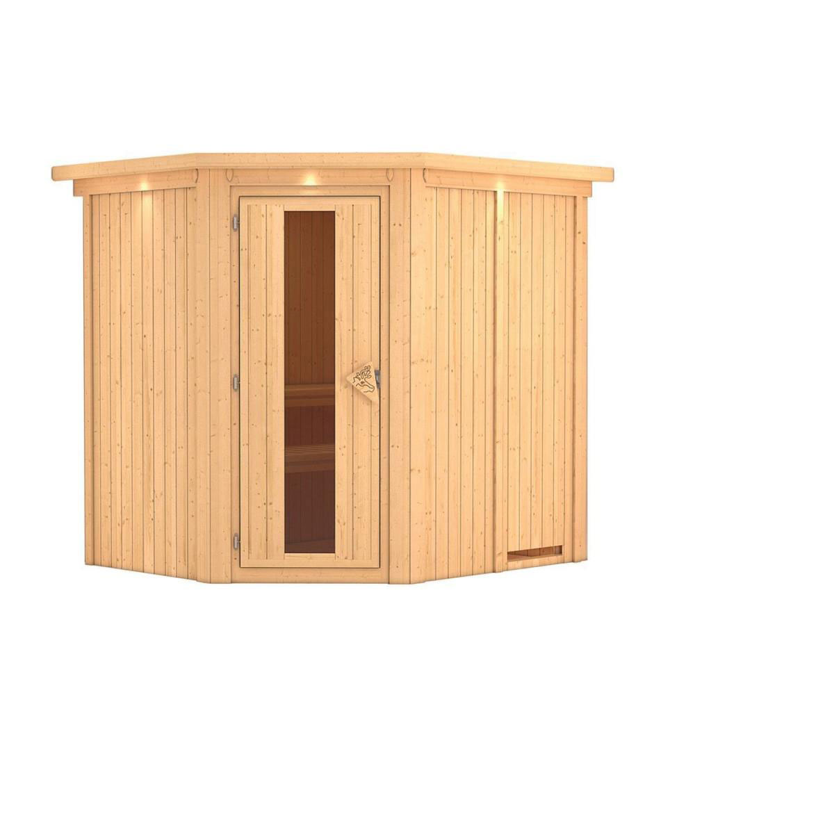 Karibu Sauna Lilja Eckeinstieg ohne Ofen mit Kranz Energiespartür Bild 2