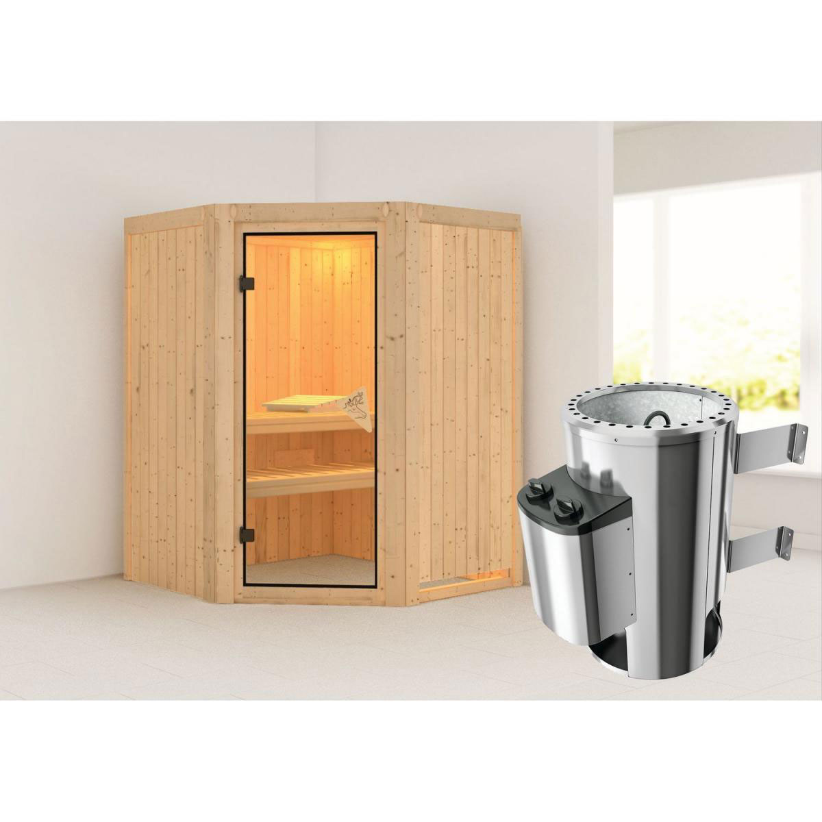 Karibu Systemsauna Nanja 68 mm 3,6 kW Ofen integr Strg ohne Kranz Bild 1