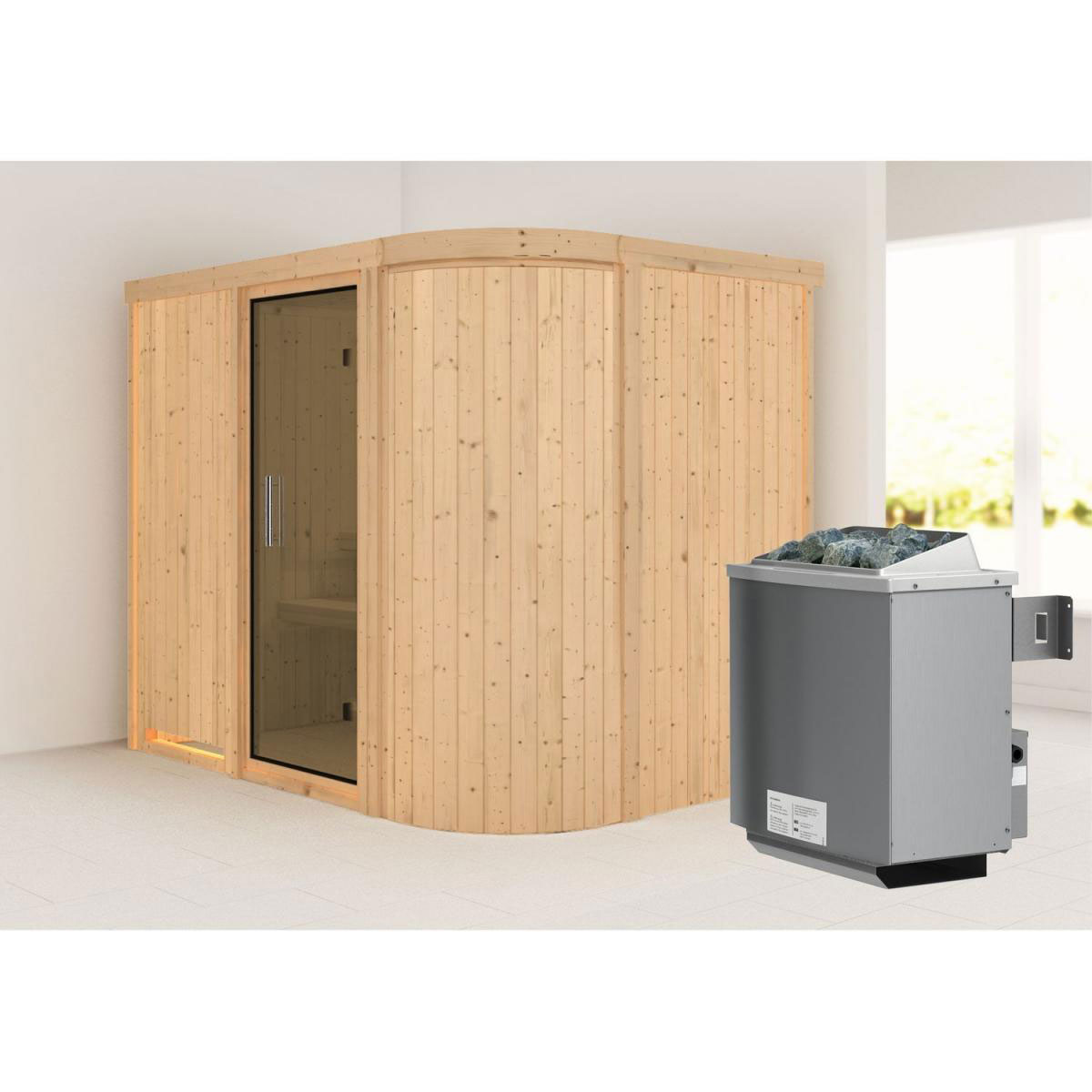 Karibu Sauna Titania 4 Fronteinstieg 9 kW Ofen integr Strg kein Kranz Klarglas-Tür Bild 5