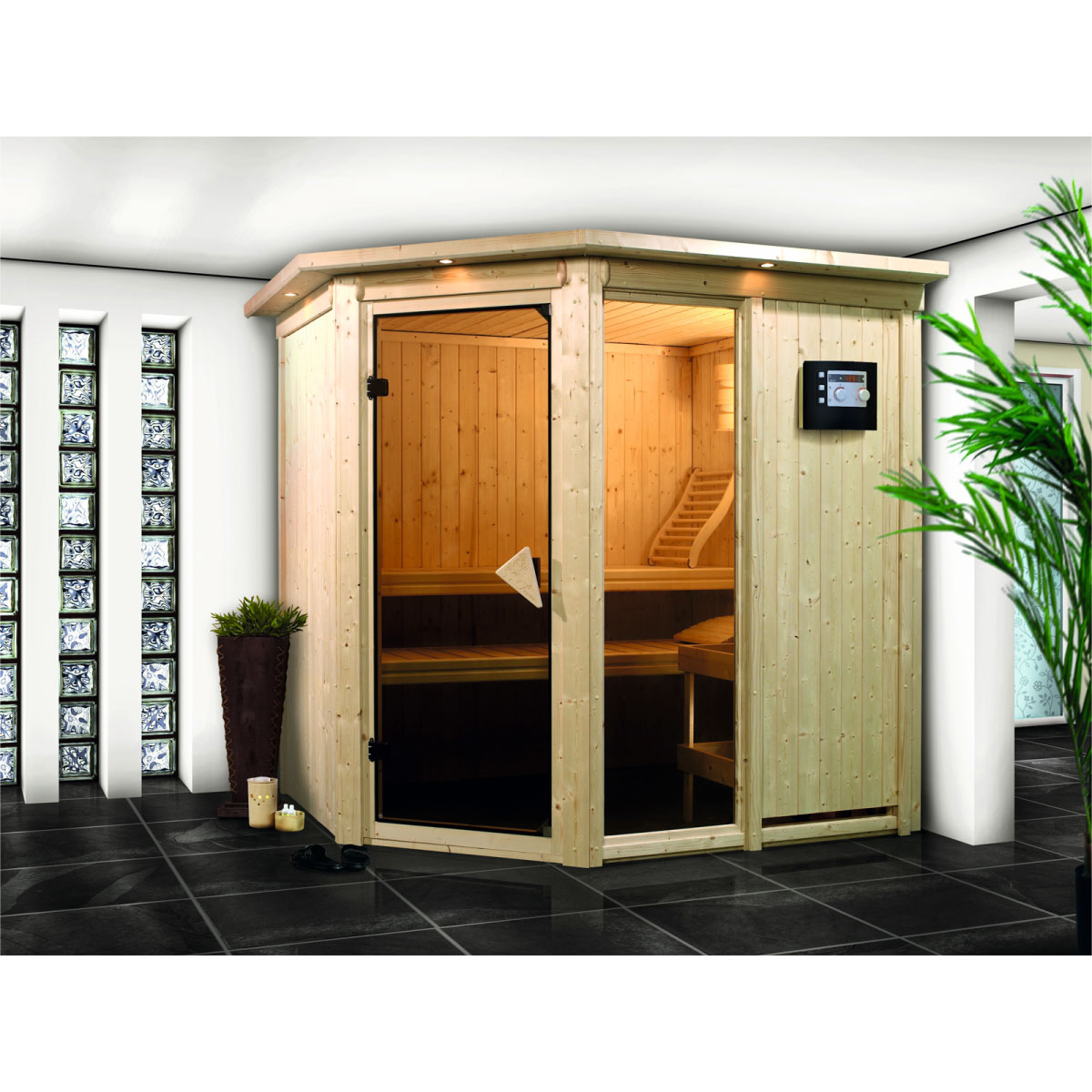 Karibu Systemsauna Fiona 1 68 mm 9 kW Ofen Bio externe Strg mit Dachkranz Bild 1