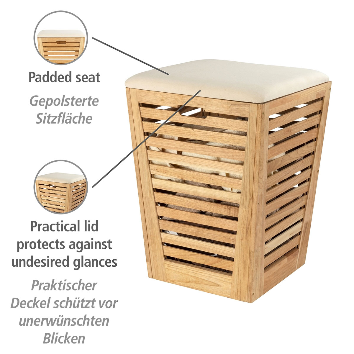 Wenko  Wäschetruhe mit Sitzpolster Norway Wäschesammler und Badhocker massives Walnussholz 55 L Bild 3