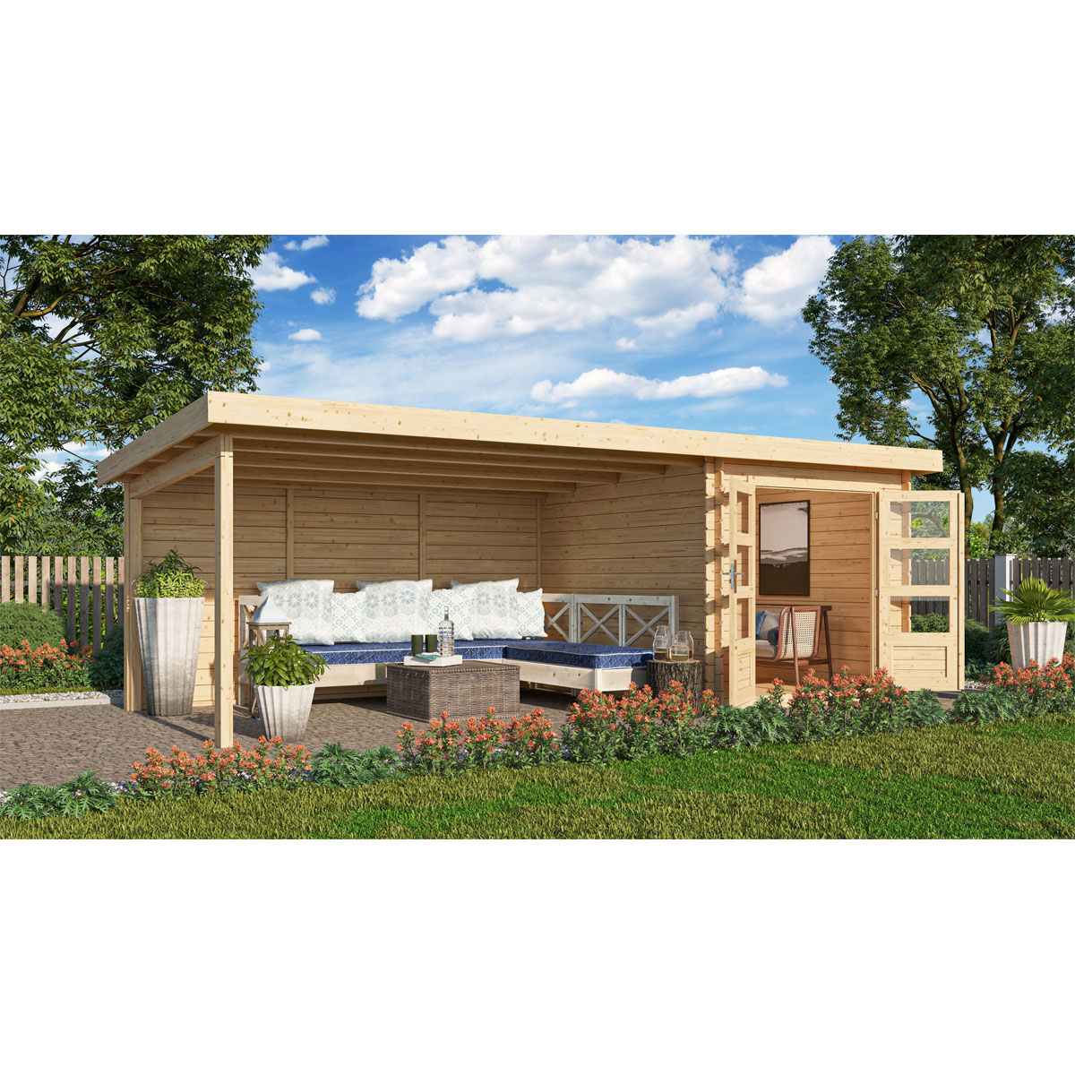 Karibu BBH Bastrup 4 Set mit Anbaudach naturbelassen Bild 1