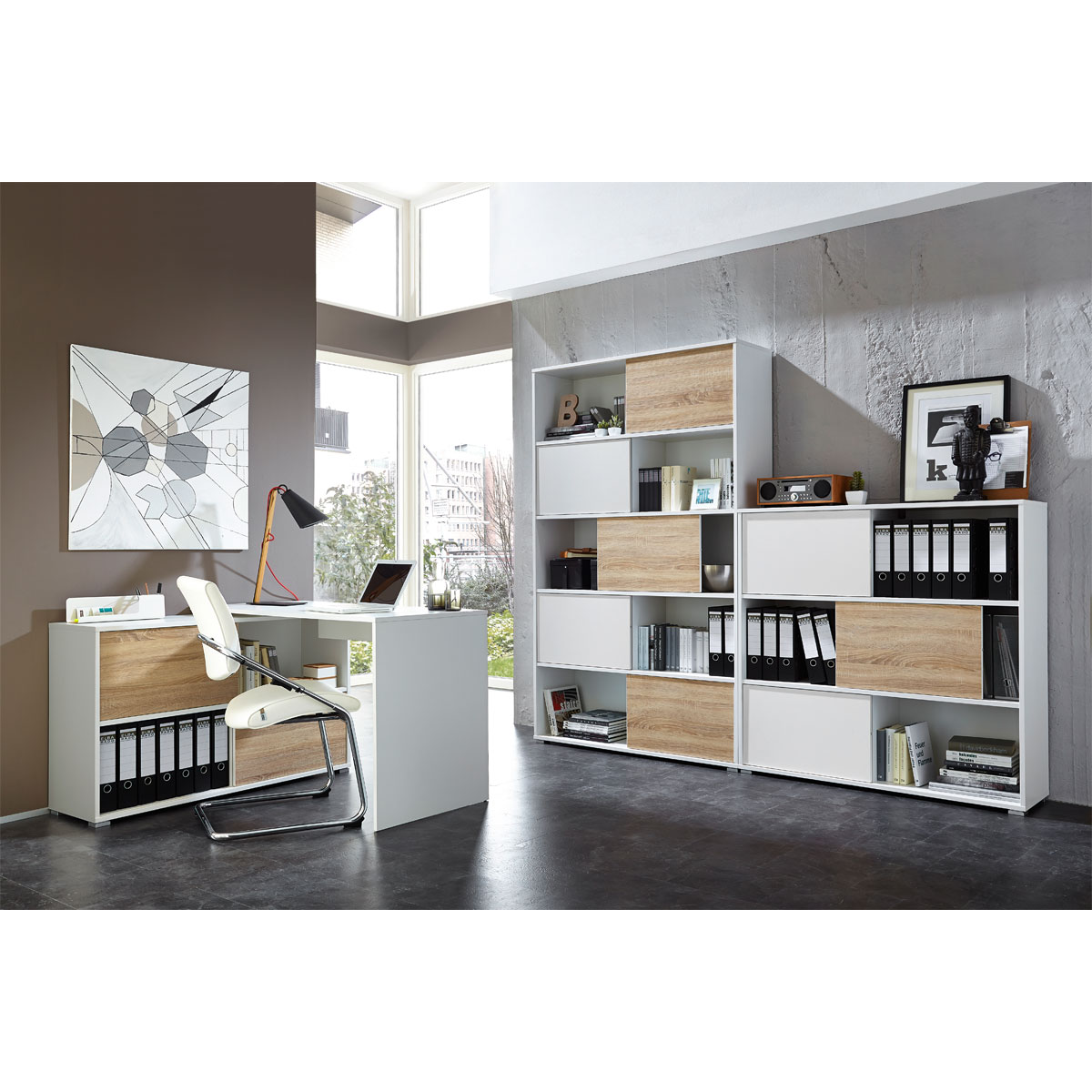 Schiebetürregal 120 x 196 x 35 cm weiß/Sonoma Eiche Bild 9