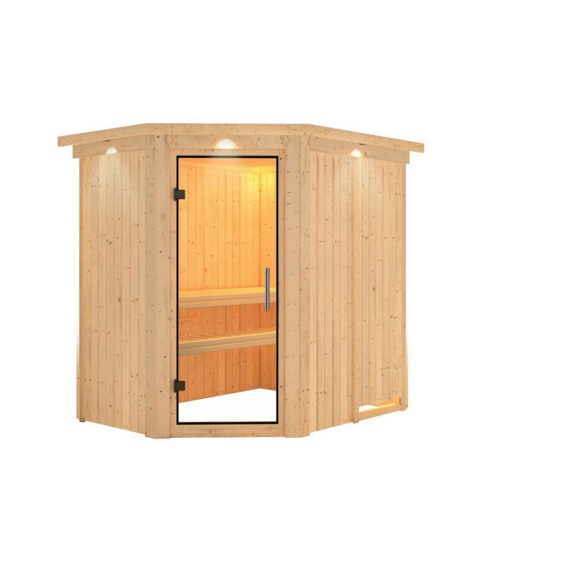 Karibu Sauna Carin Eckeinstieg ohne Ofen mit Kranz Klarglas-Tür Bild 1