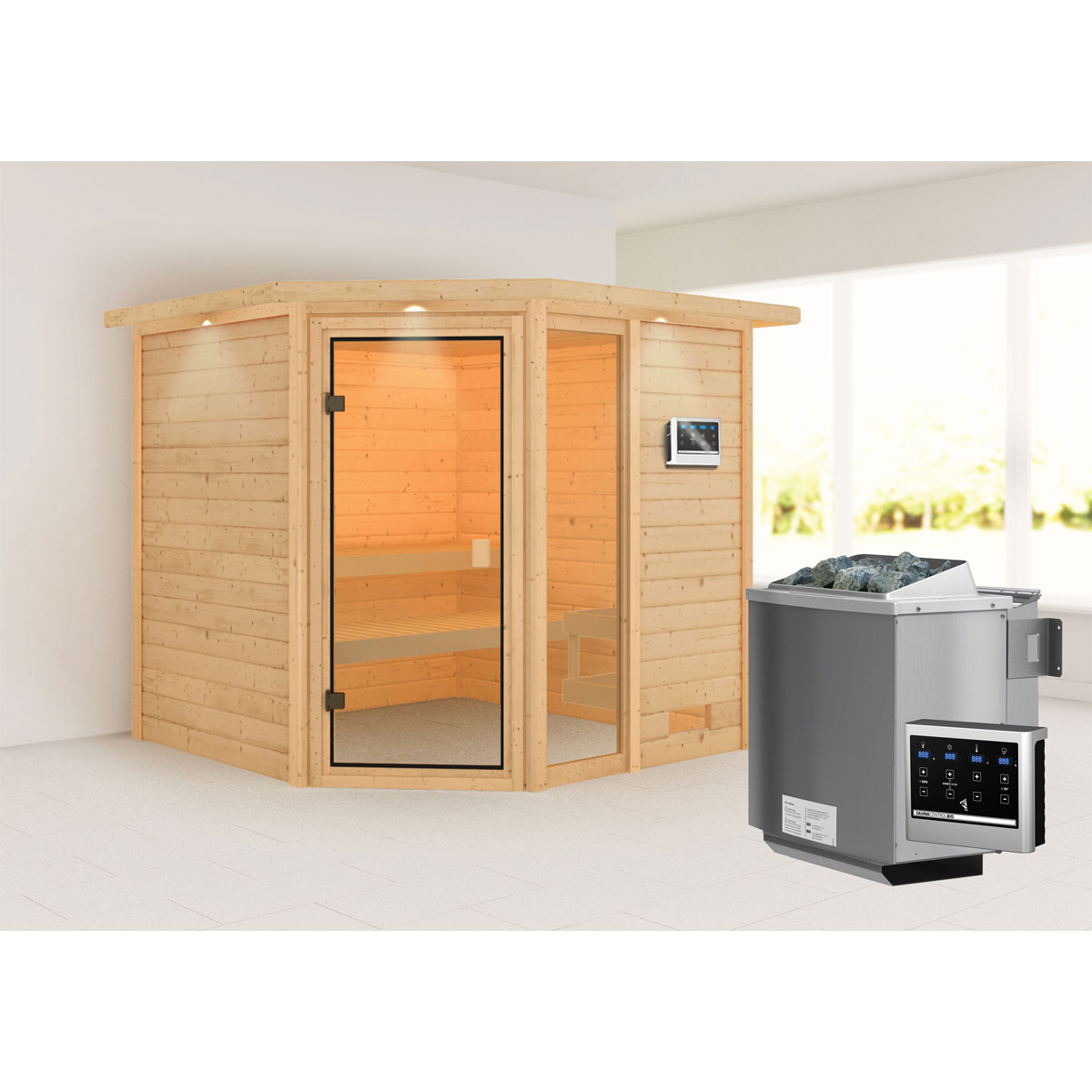 Karibu Sauna Tabea mit Kranz naturbelassen Bio externe Steuerung Bild 1