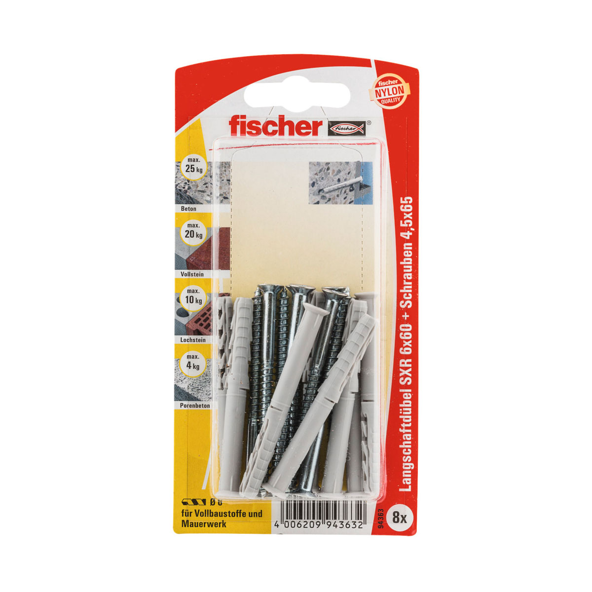 Fischer  Langschaftdübel SX 6 x 60 mm mit Senkkopfschraube 8 Stück