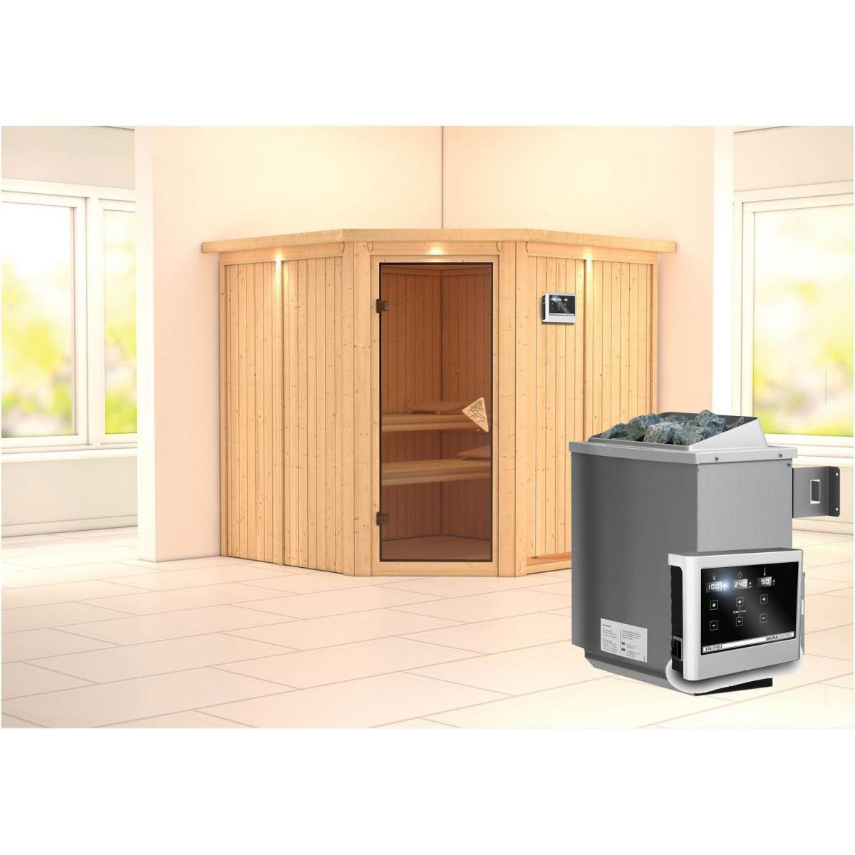 Karibu Systemsauna Jarin 68 mm 9 kW Ofen externe Strg modern mit Dachkranz