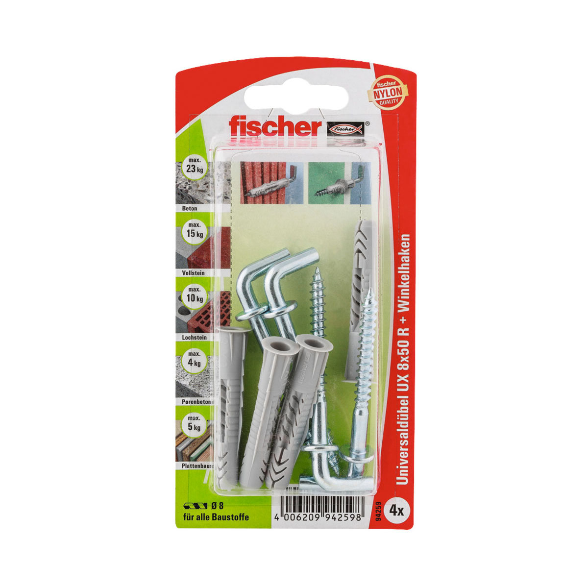 Fischer Universaldübel UX 8 x 50 mm mit Winkelhaken 4 Stück