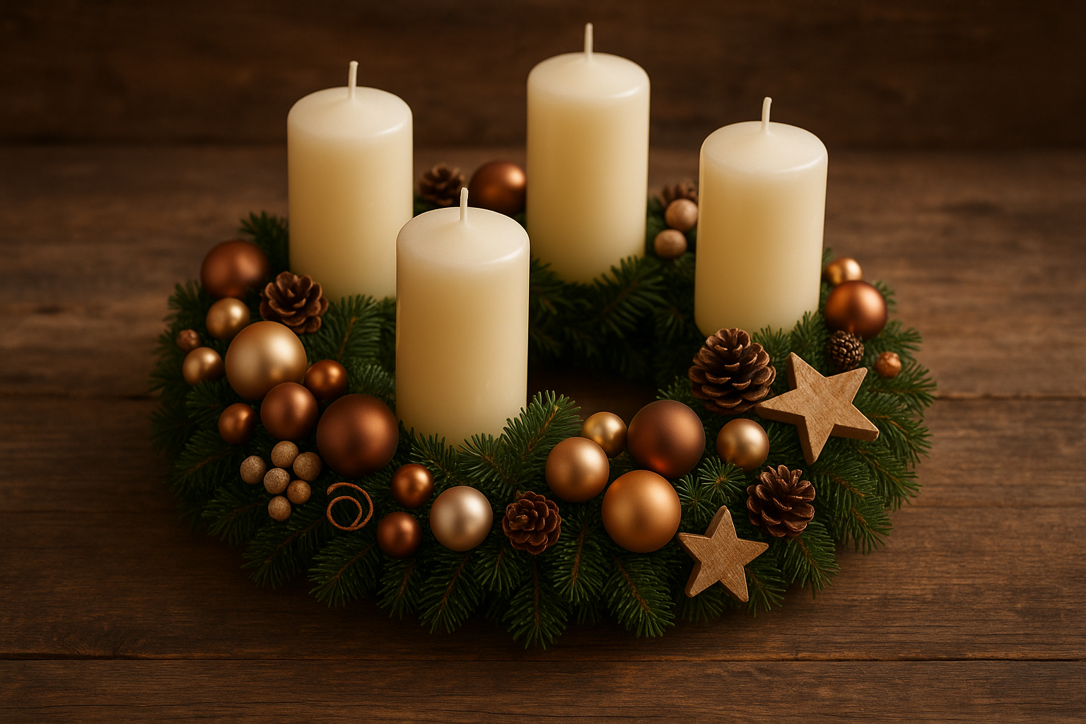 Fertiger Adventskranz mit Tannengrün, Kugeln und Kerzen in Bronze