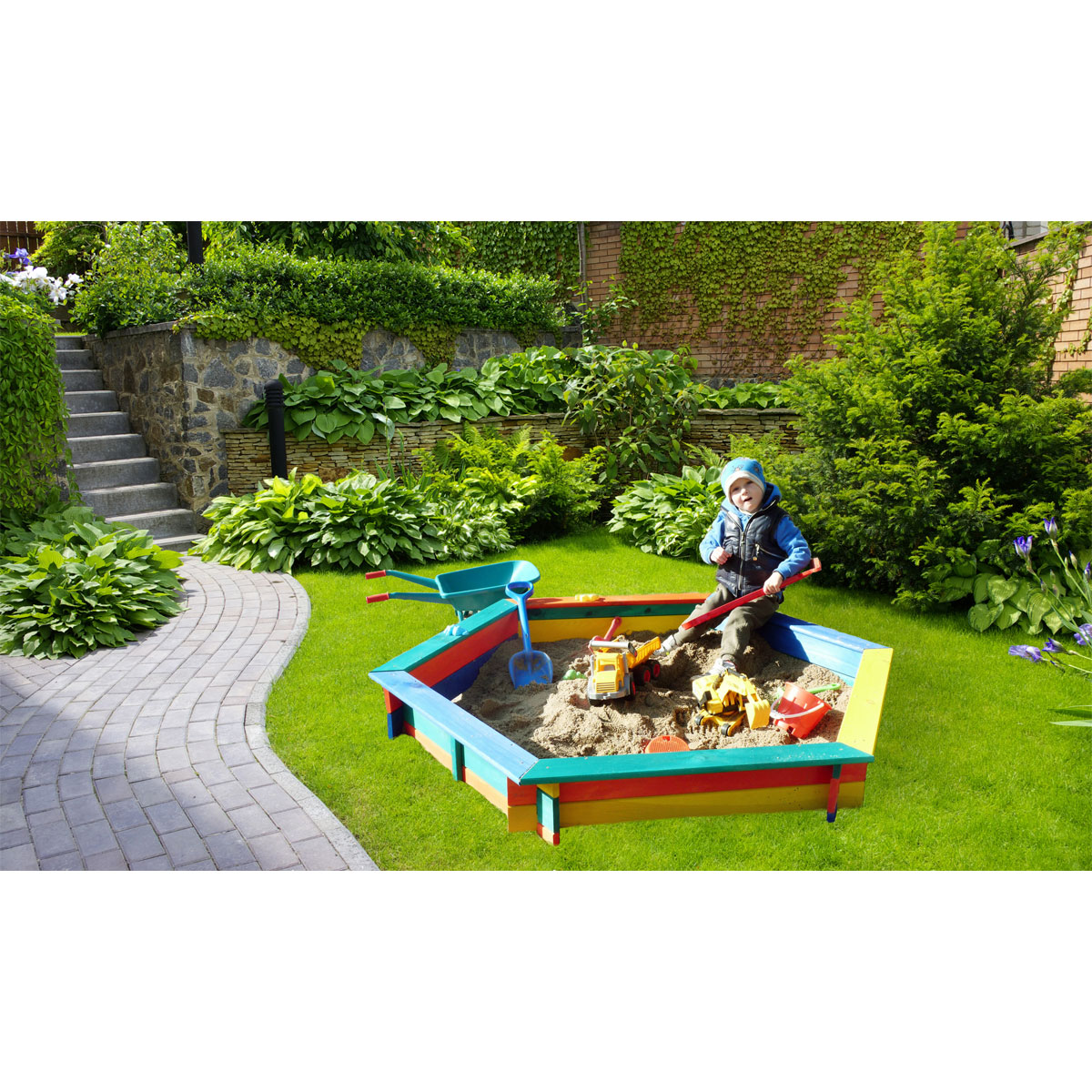 Promadino 6eck Sandkasten Fynja farbig weiße Abdeckplane