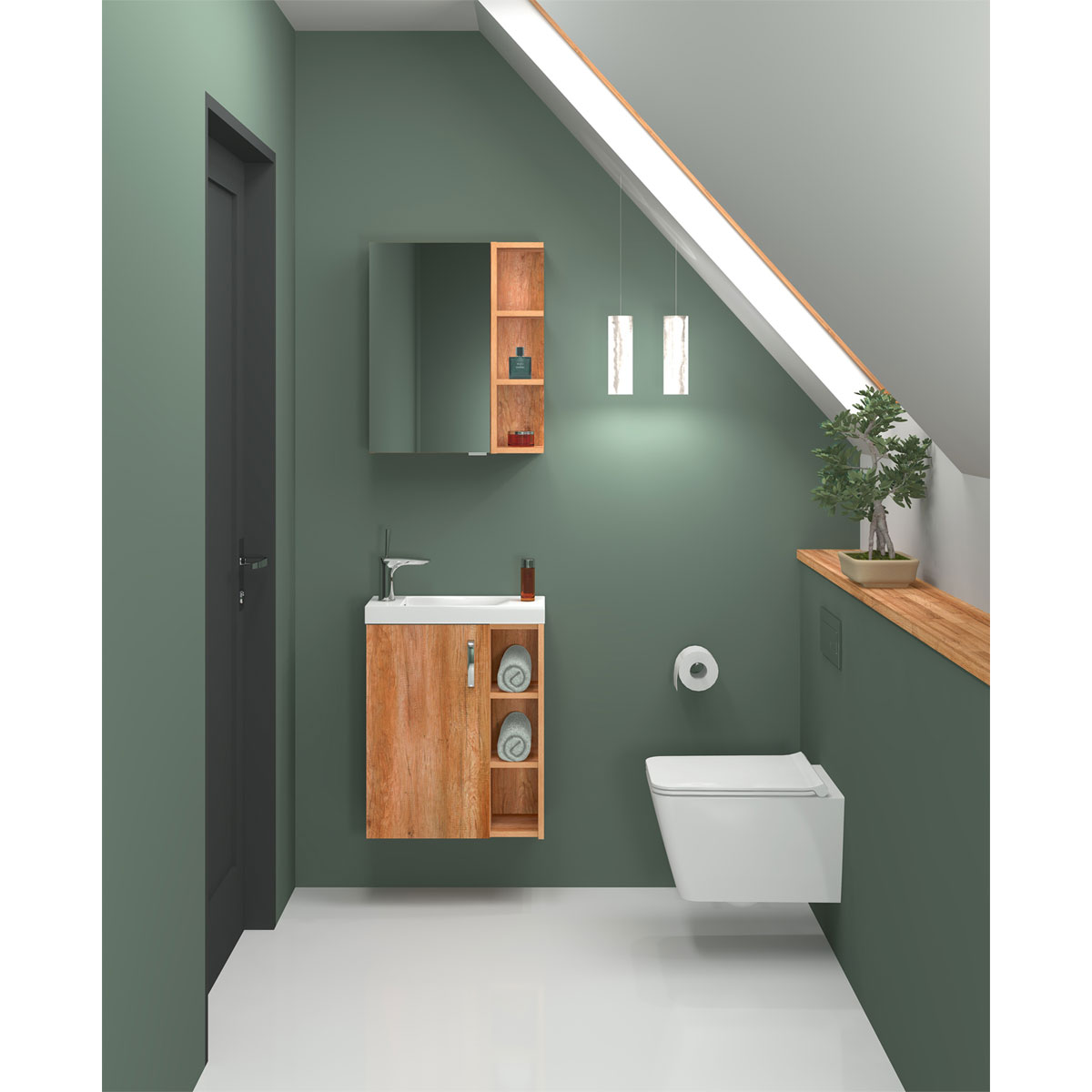 Valblue Gäste-Waschplatz SET Karo Wotan Eiche best. aus WBU, MG-Becken, Spiegelschrank B50cm