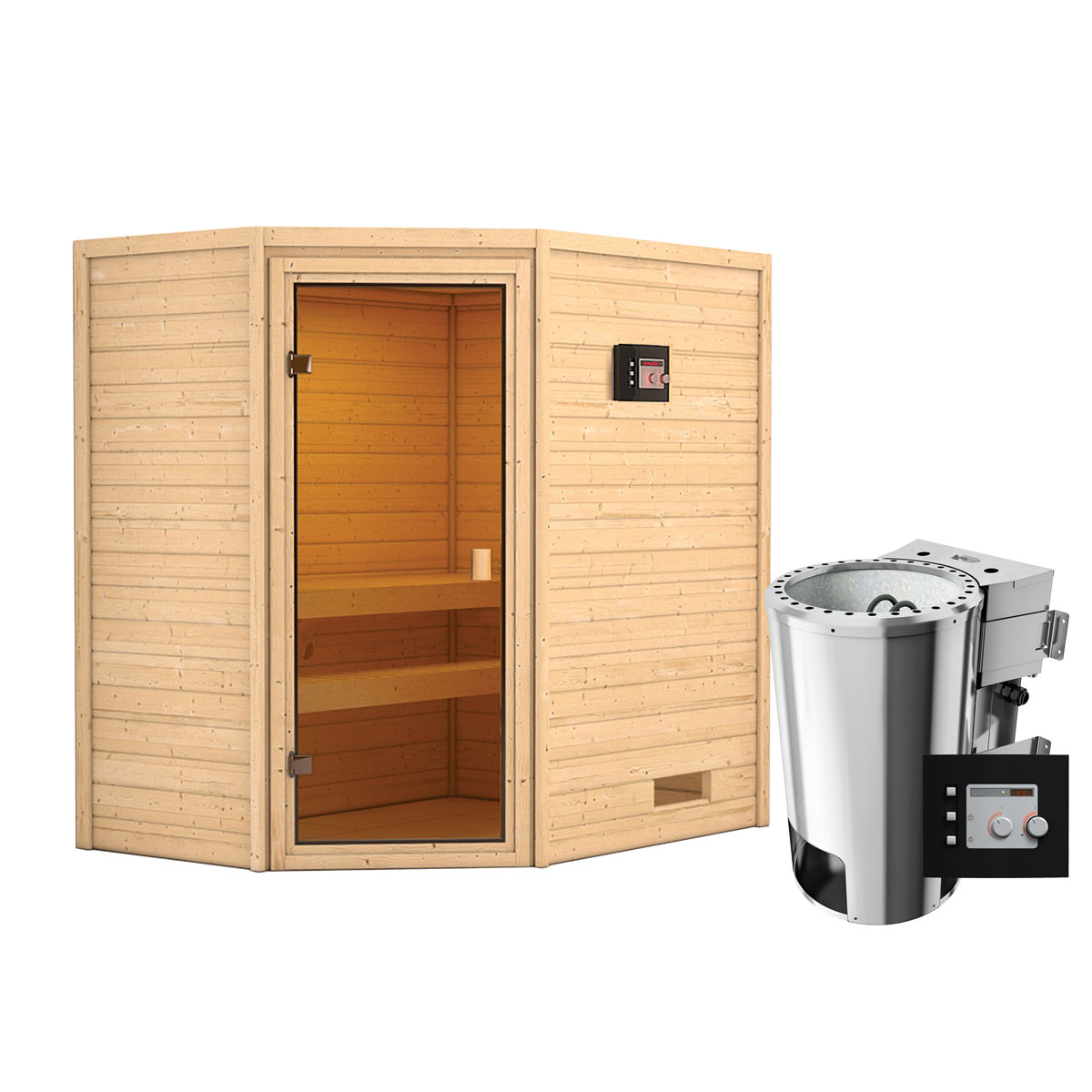 Karibu Sauna Jella 3,6 kW naturbelassen Bio externe Steuerung ohne Dachkranz Bild 3