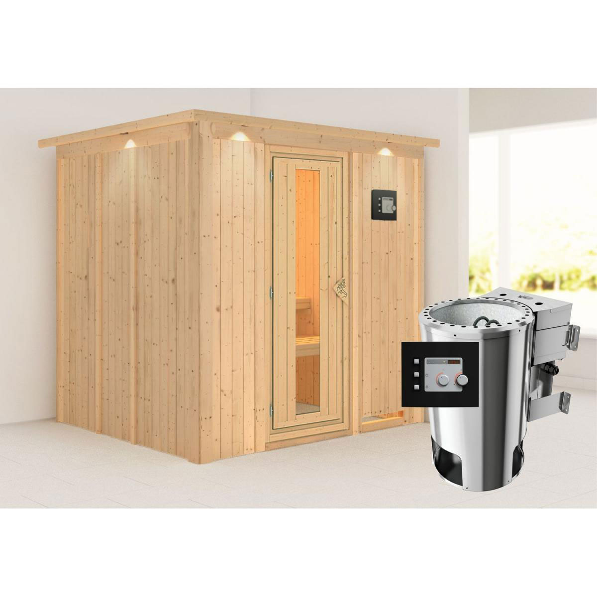 Karibu Sauna Daria Fronteinstieg 3,6 kW Bio Ofen externe Strg modern mit Kranz Energiespartür Bild 7