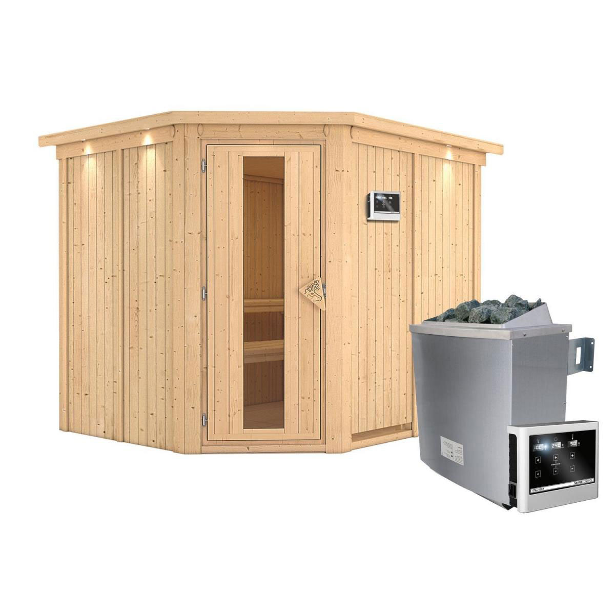 Karibu Sauna Malin Eckeinstieg 9 kW Ofen externe Strg modern Tür gedämmt mit Kranz Bild 2