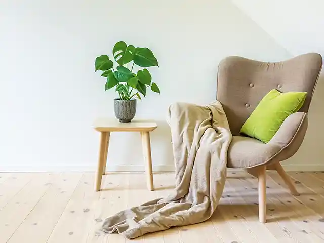 Ein Sessel mit Decke steht neben einem Tisch mit einer Pflanze in einem hellen Raum.