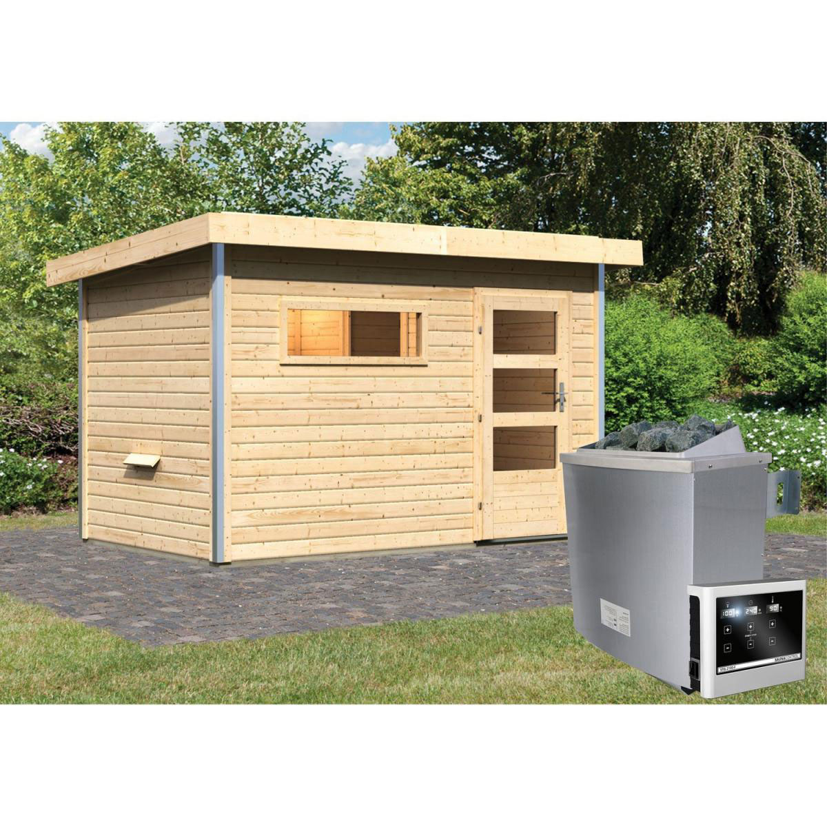 Karibu Saunahaus Skrollan 1 38 mm 9 kW Ofen externe Strg moderne Tür Bild 6